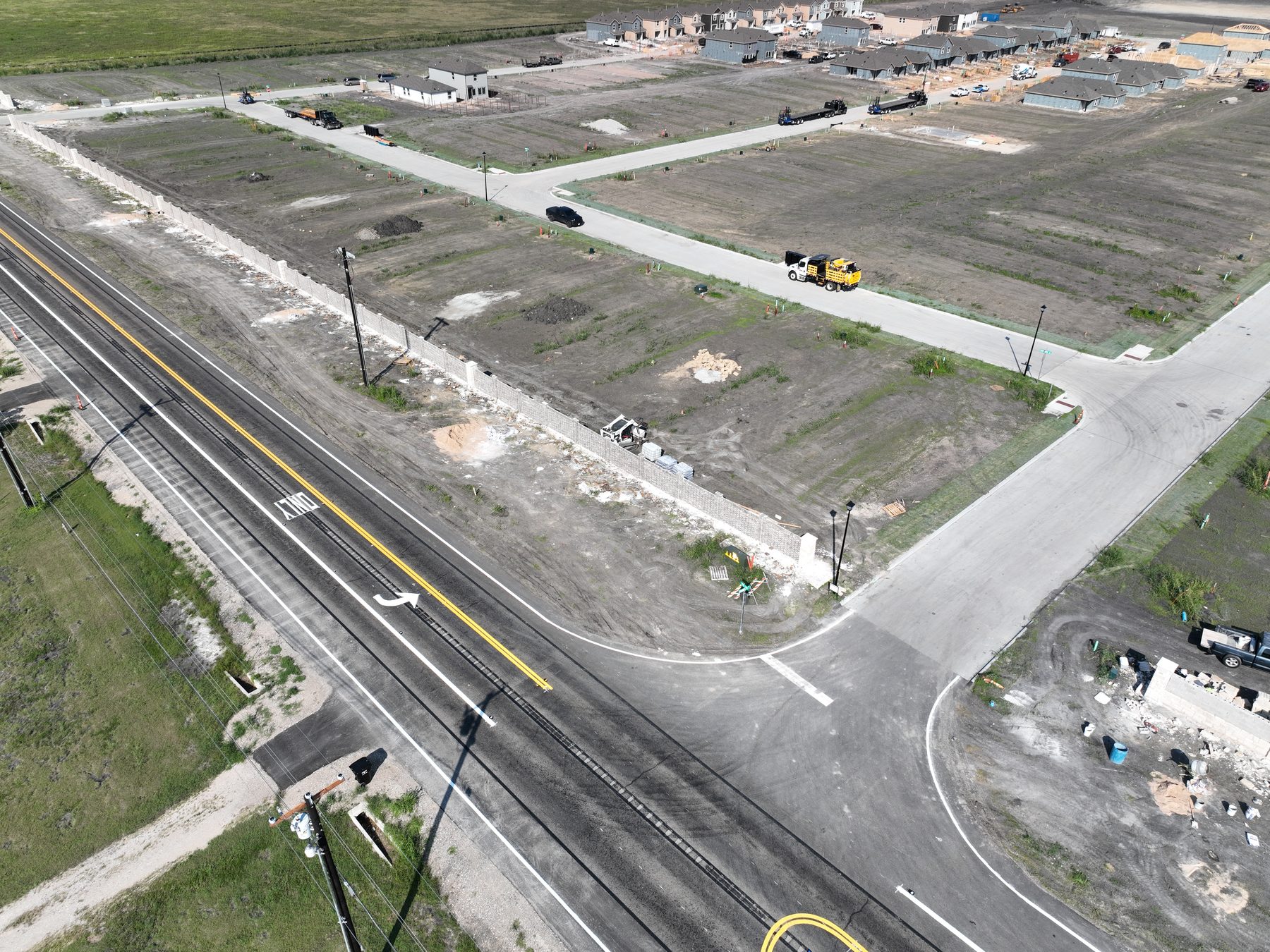 Aerial view of finished streets and delivered homesites at Cartwright Mays Phase 1 in Crandall, Texas
