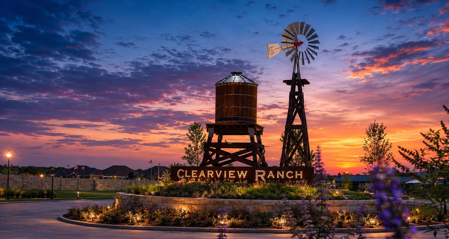 The Clearview Ranch entry monument at sunset in Royse City, Texas — a lit timber water tower and windmill above the community sign, against an orange and violet sky