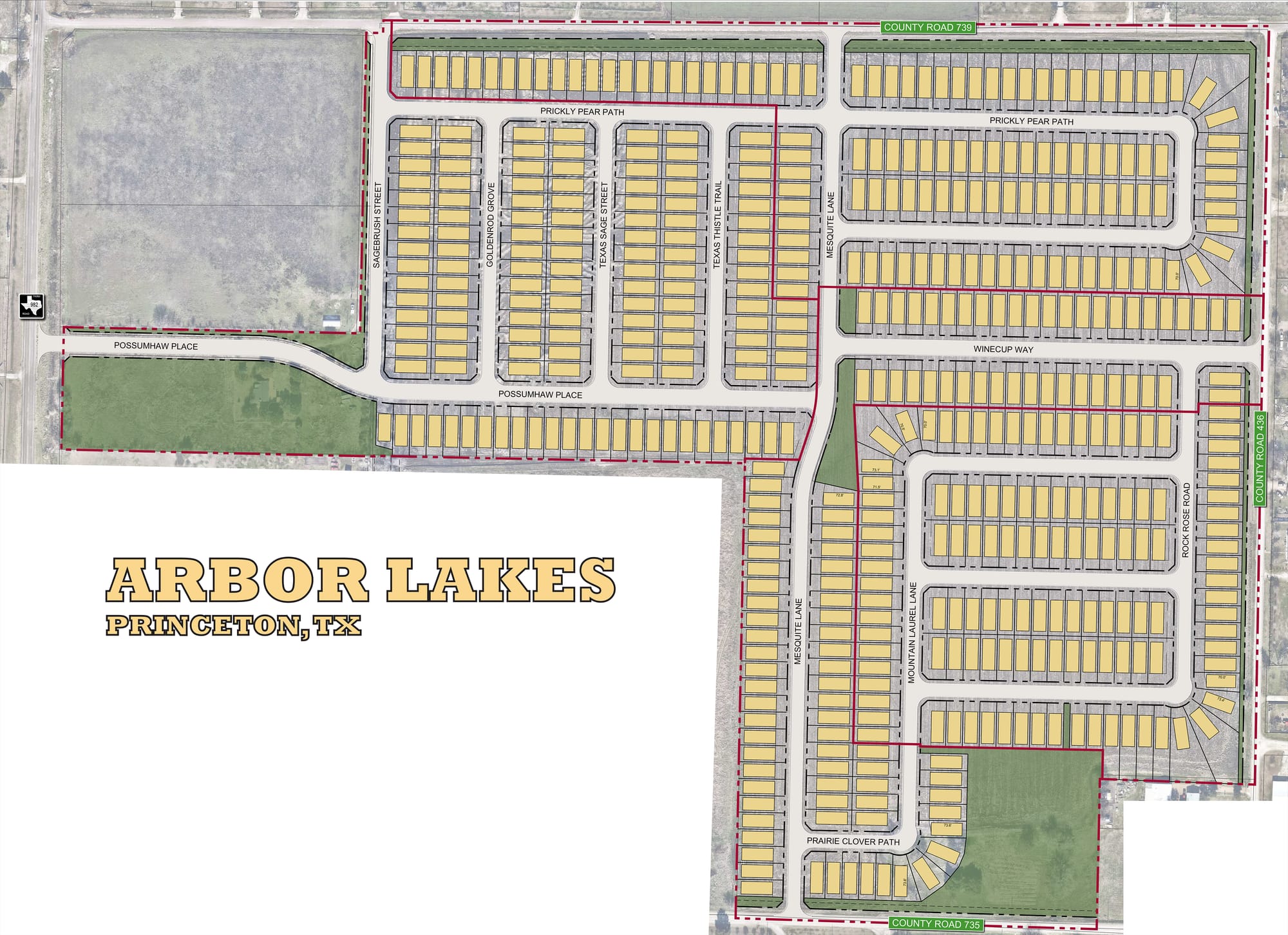 Full-color illustrated land plan for Arbor Lakes peninsula development near Princeton, Texas, showing 490 lots