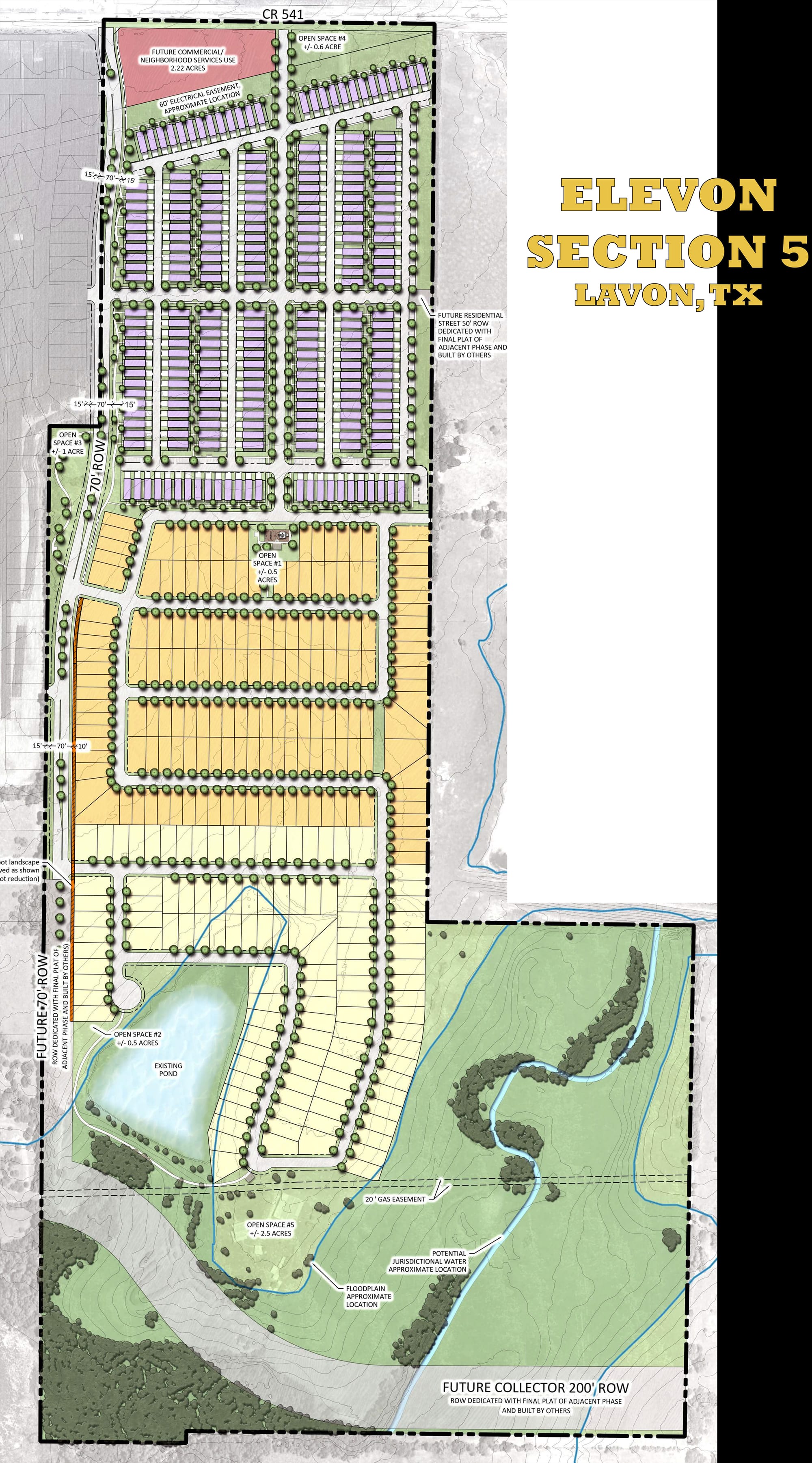 Full-color master land plan for Elevon Section 5 in Lavon, Texas, showing residential phasing and detention basins