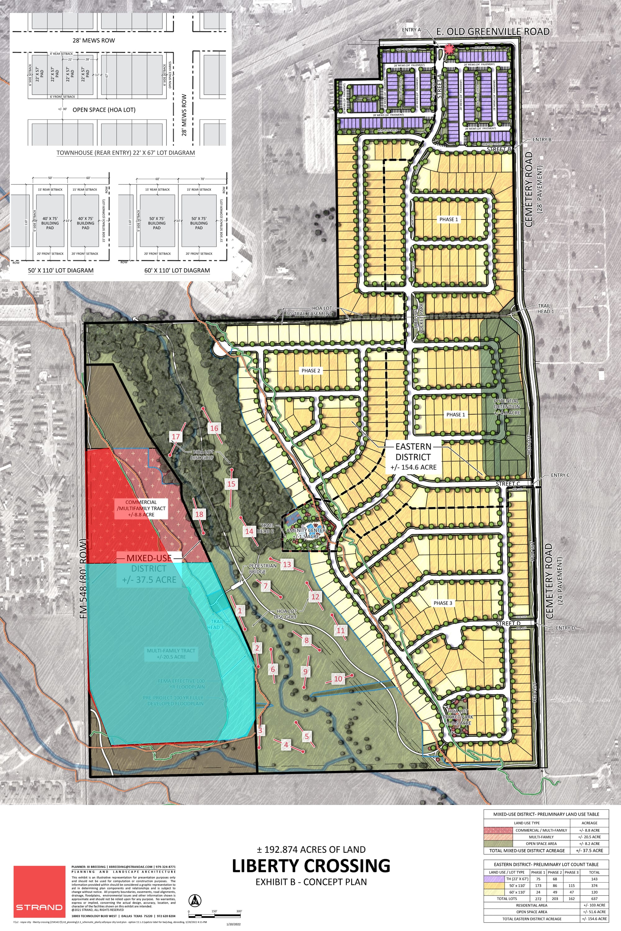 Full-color master concept plan for Liberty Crossing in Royse City, Texas, showing residential phases and multifamily tract